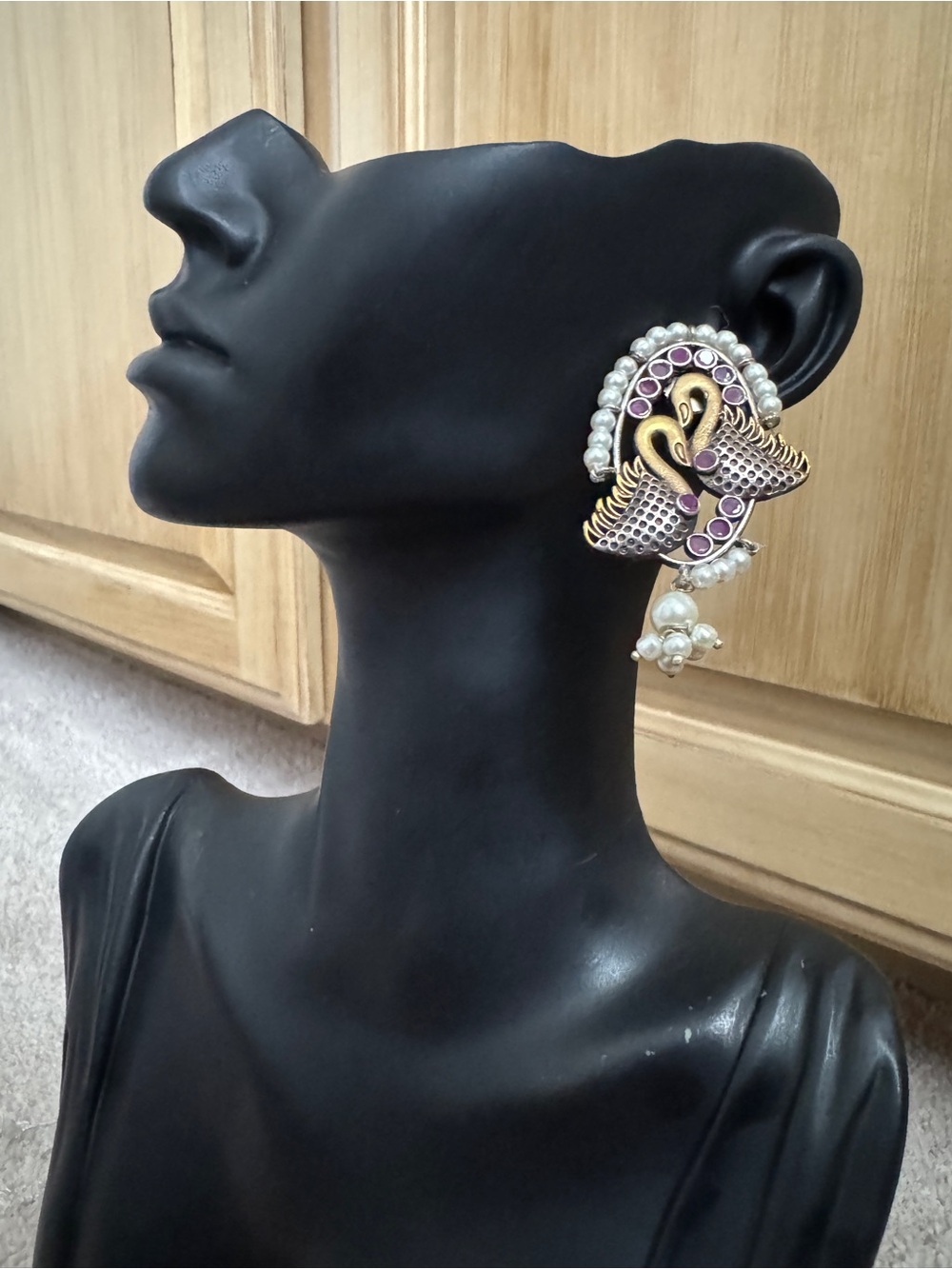 Elegant Gold-Tone Peacock Pearl Drop Earrings - Pink Accents